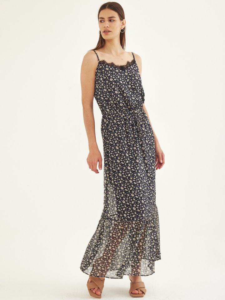 שמלה מקסי V שילוב תחרה בצבע פרחוני