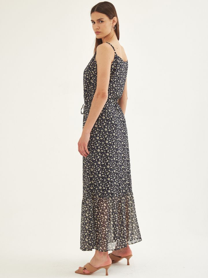 שמלה מקסי V שילוב תחרה בצבע פרחוני