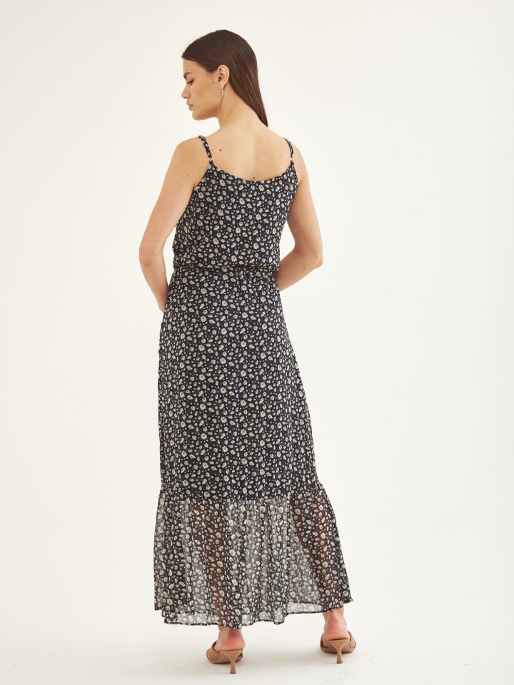 שמלה מקסי V שילוב תחרה בצבע פרחוני