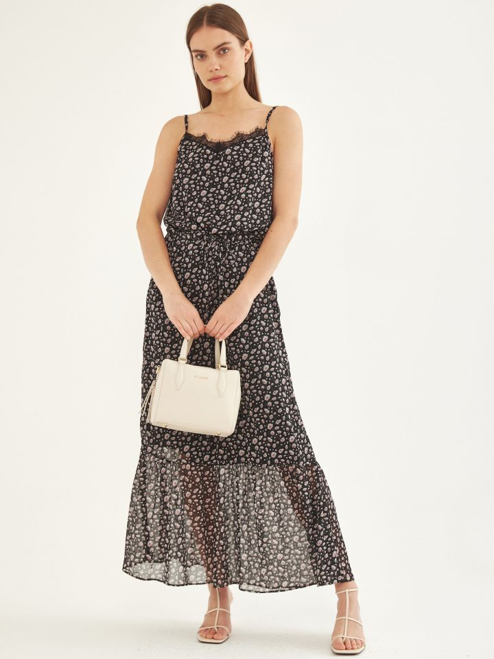 שמלה מקסי V שילוב תחרה בצבע שחור/ורוד