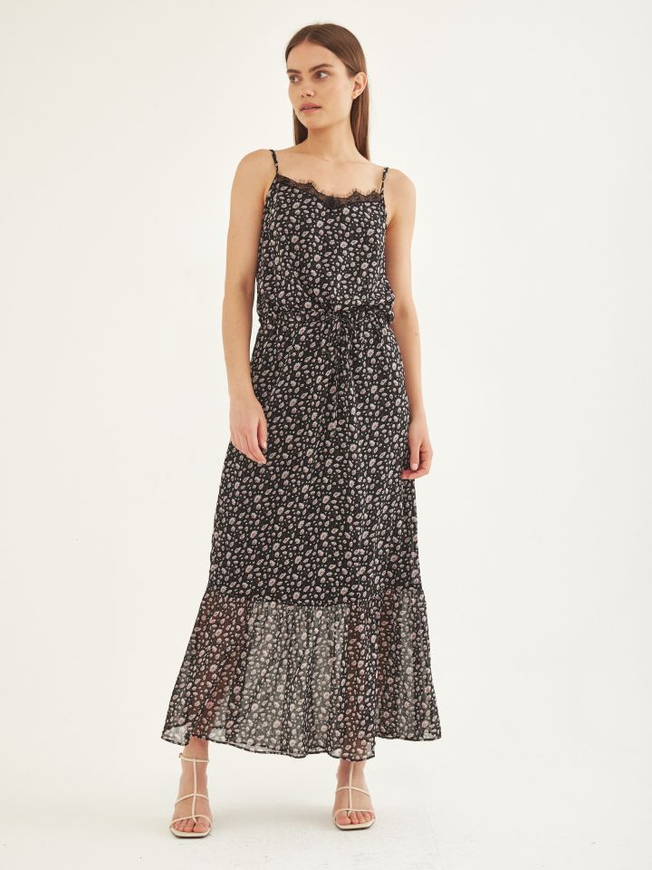 שמלה מקסי V שילוב תחרה בצבע שחור/ורוד