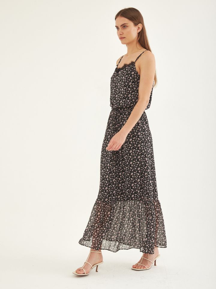 שמלה מקסי V שילוב תחרה בצבע שחור/ורוד