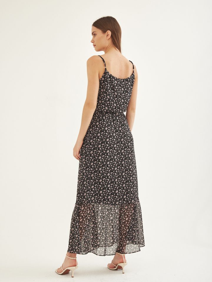 שמלה מקסי V שילוב תחרה בצבע שחור/ורוד