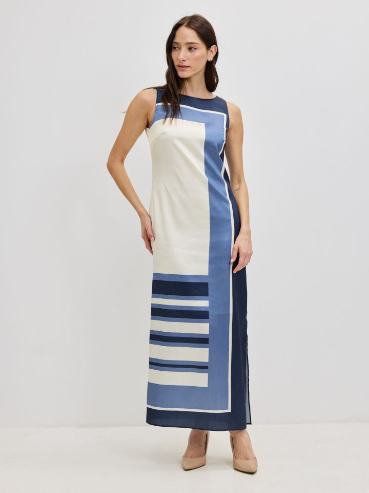 שמלה סטן דפוס גיאומטרי בצבע נייבי