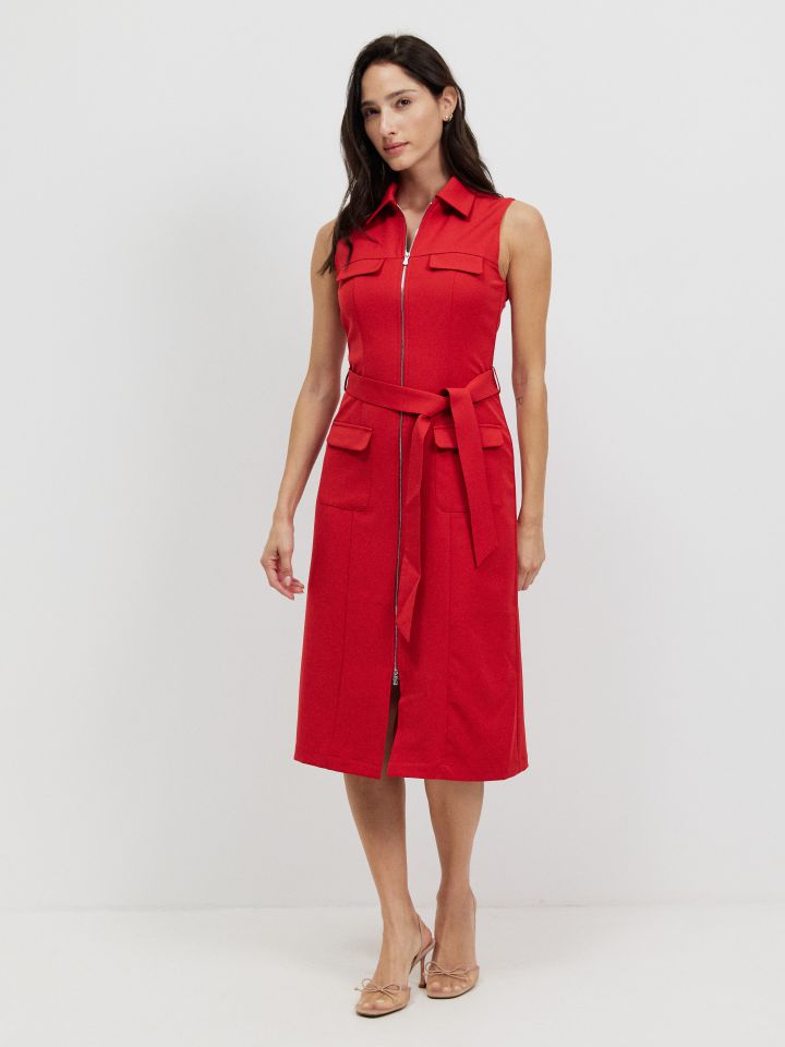 שמלה כיסים חגורה בצבע אדום