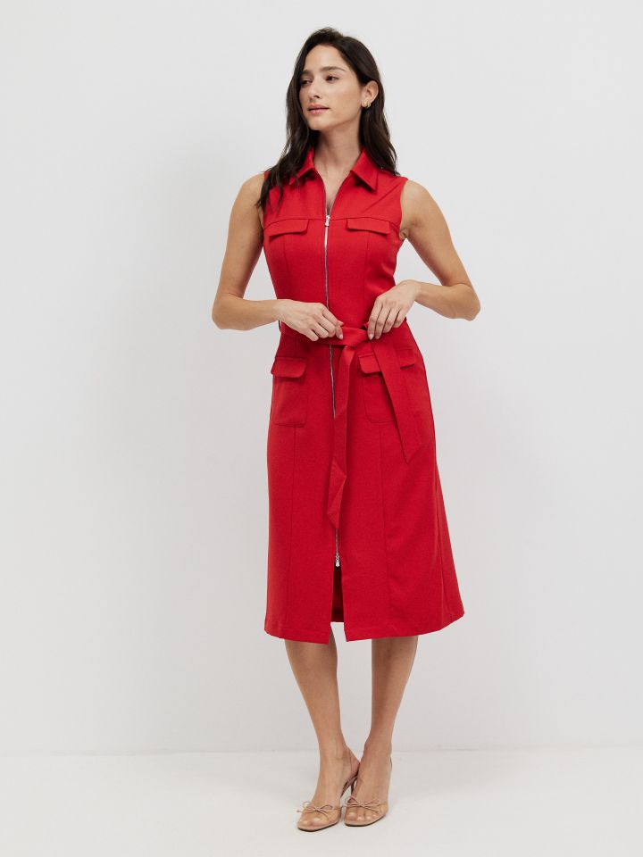 שמלה כיסים חגורה בצבע אדום