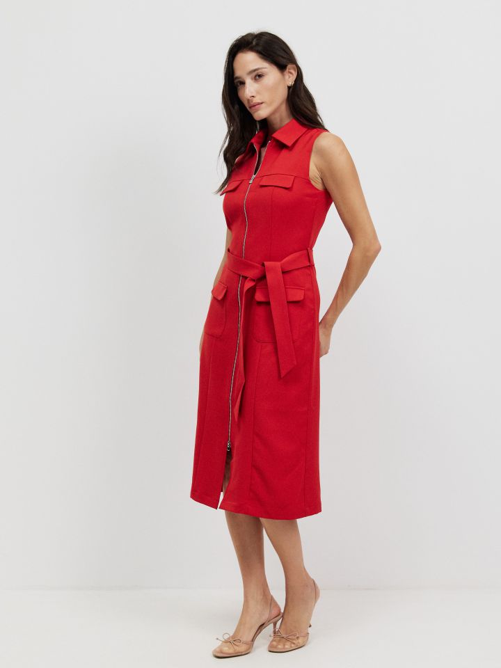 שמלה כיסים חגורה בצבע אדום