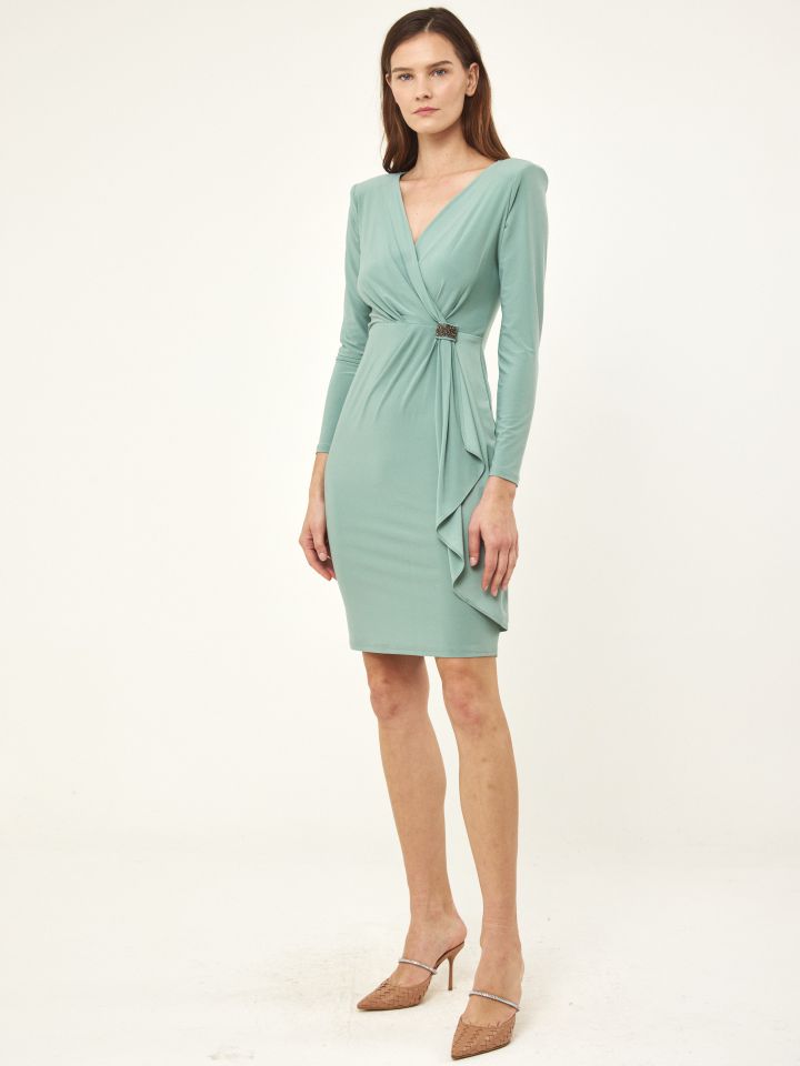 שמלה מעטפה שילוב יהלומים בצבע ירוק בהיר