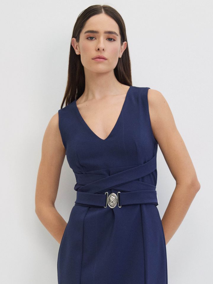 שמלה V אבזמים בצבע נייבי