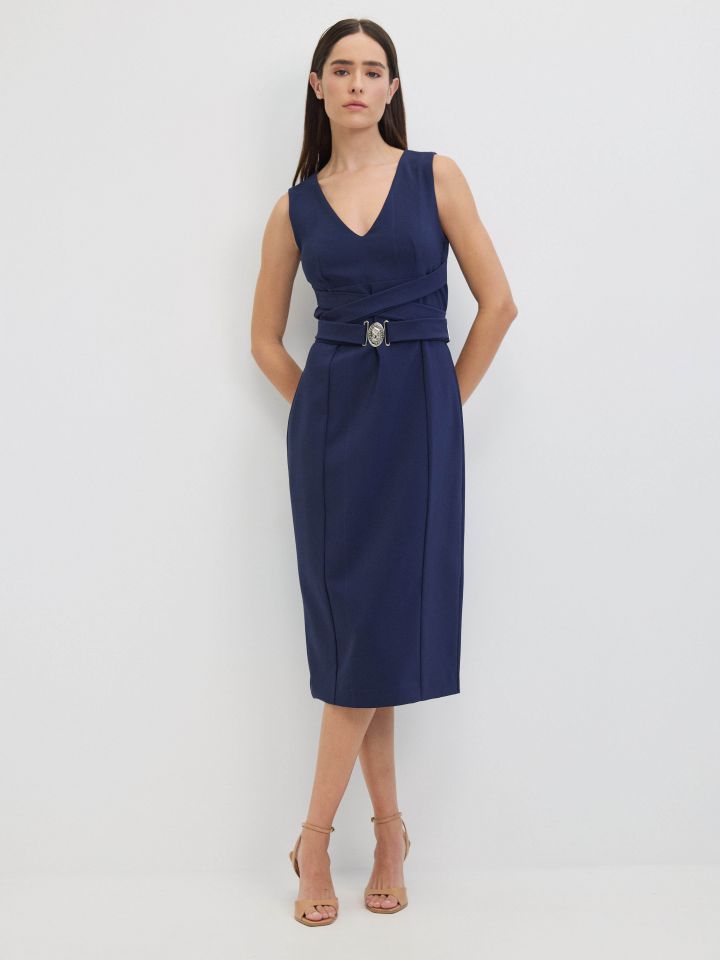 שמלה V אבזמים בצבע נייבי