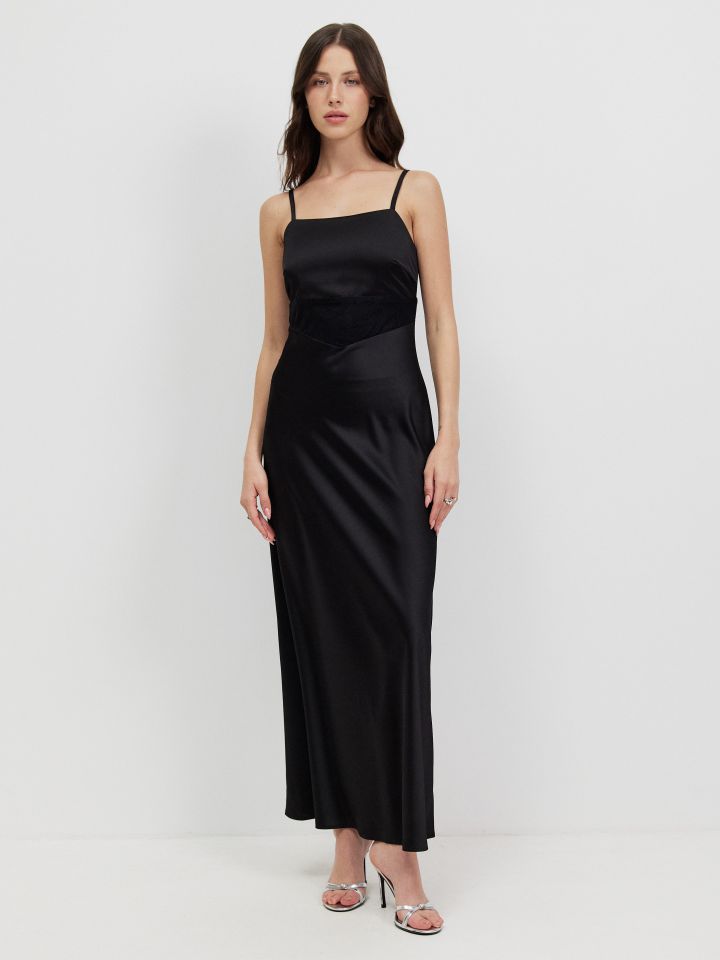 שמלה סטן שילוב תחרה בצבע שחור