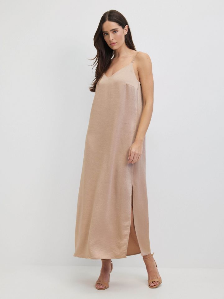 שמלה סטן  PROMO בצבע שנהב