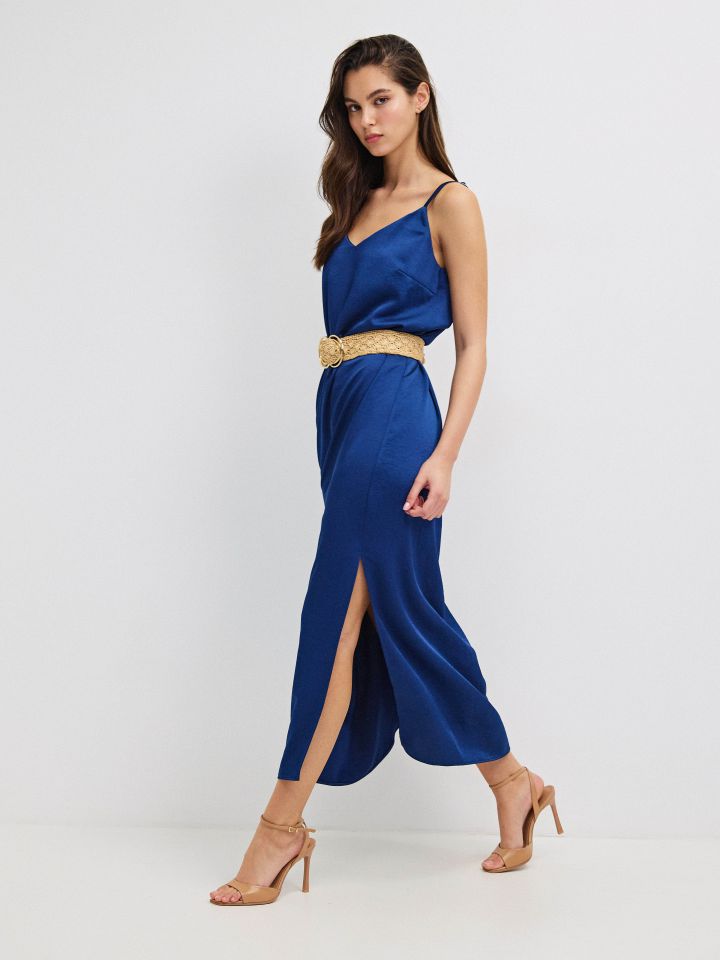 שמלה סטן  PROMO בצבע נייבי