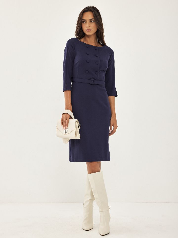 שמלה כפתורים + חגורה בצבע כחול כהה