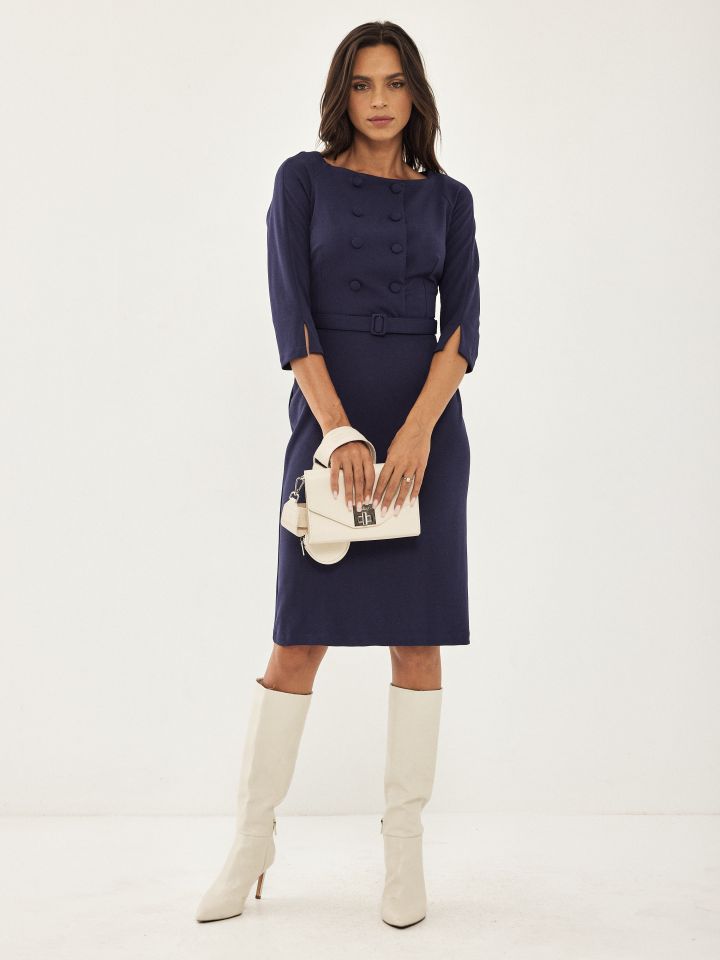 שמלה כפתורים + חגורה בצבע כחול כהה