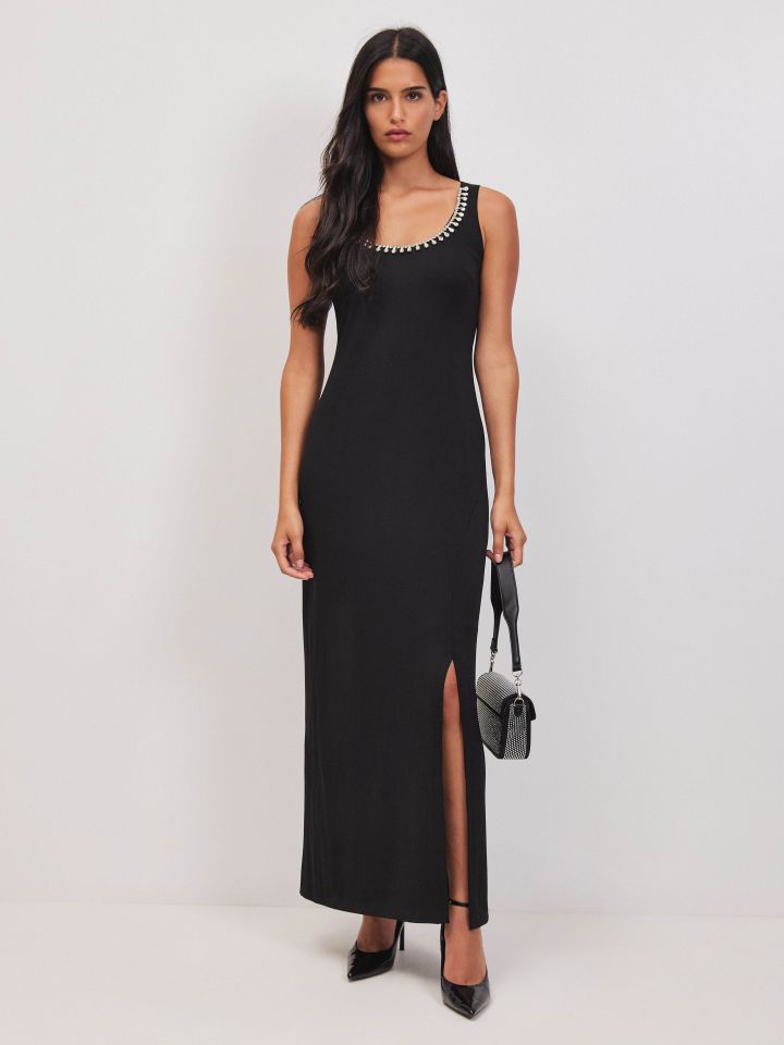 שמלה פתח דמוי יהלומים בצבע שחור