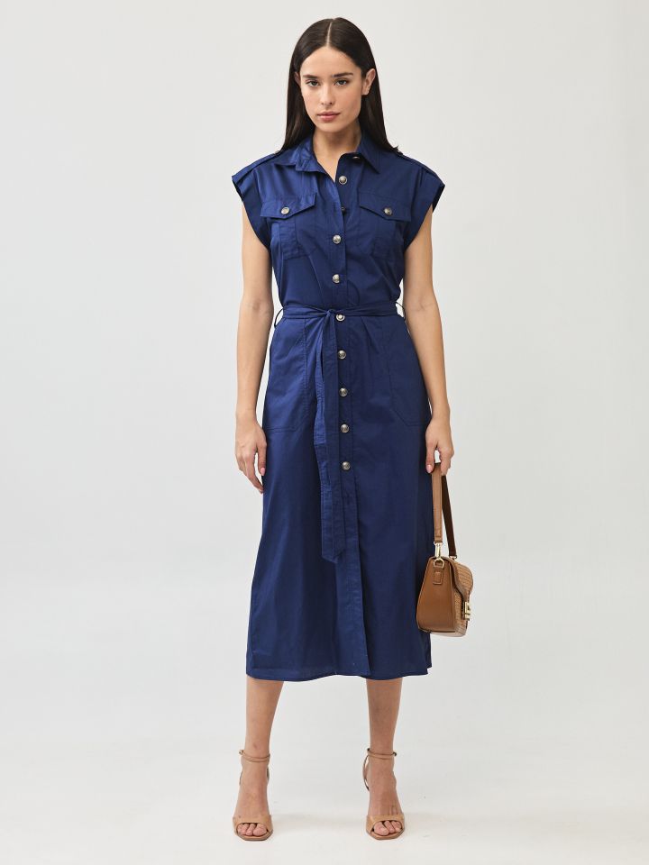 שמלה צוארון כיסים בצבע נייבי