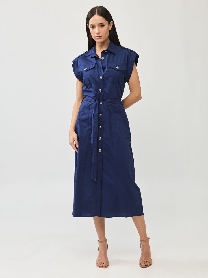 שמלה צוארון כיסים בצבע נייבי