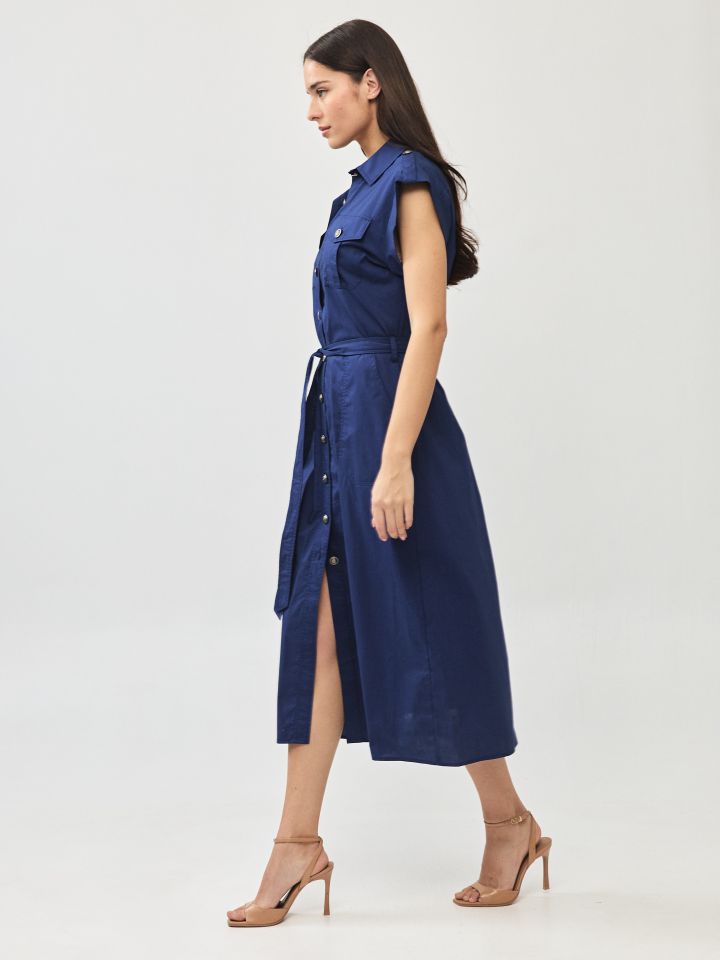 שמלה צוארון כיסים בצבע נייבי