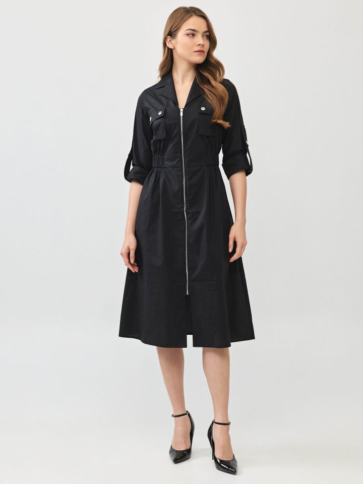 שמלה שרוול 3/4 צוארון וכיסים בצבע שחור