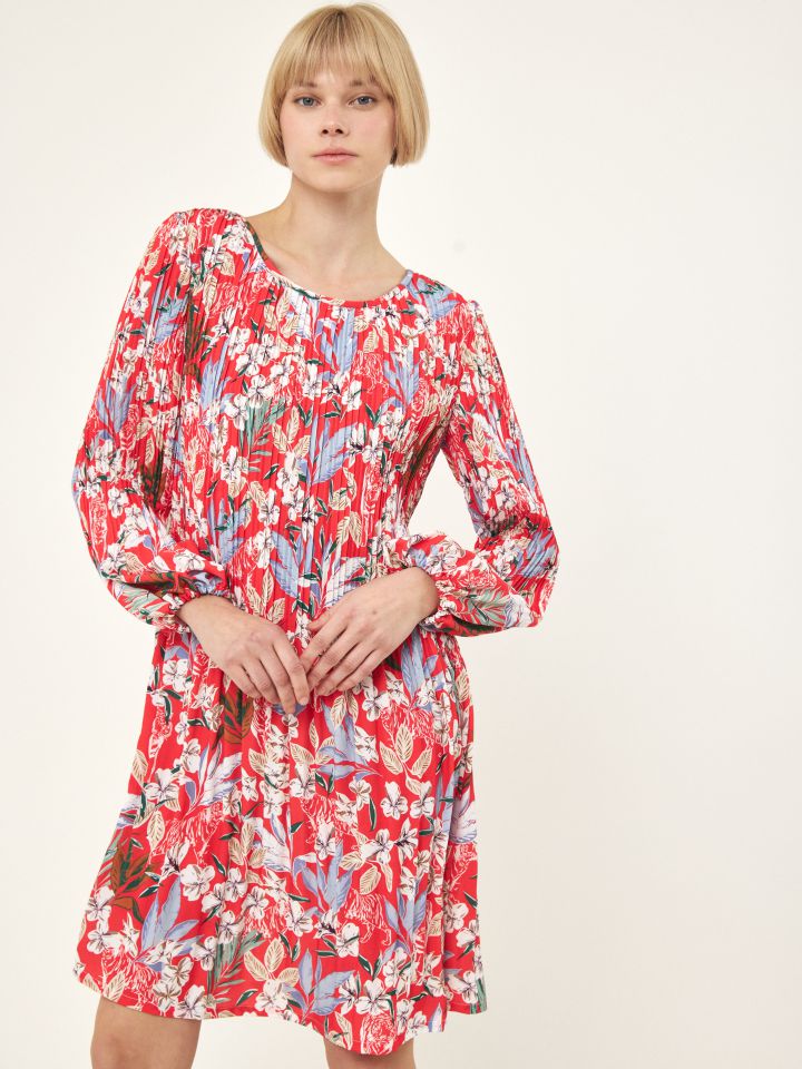 שמלה פליסה דפוס בצבע אדום