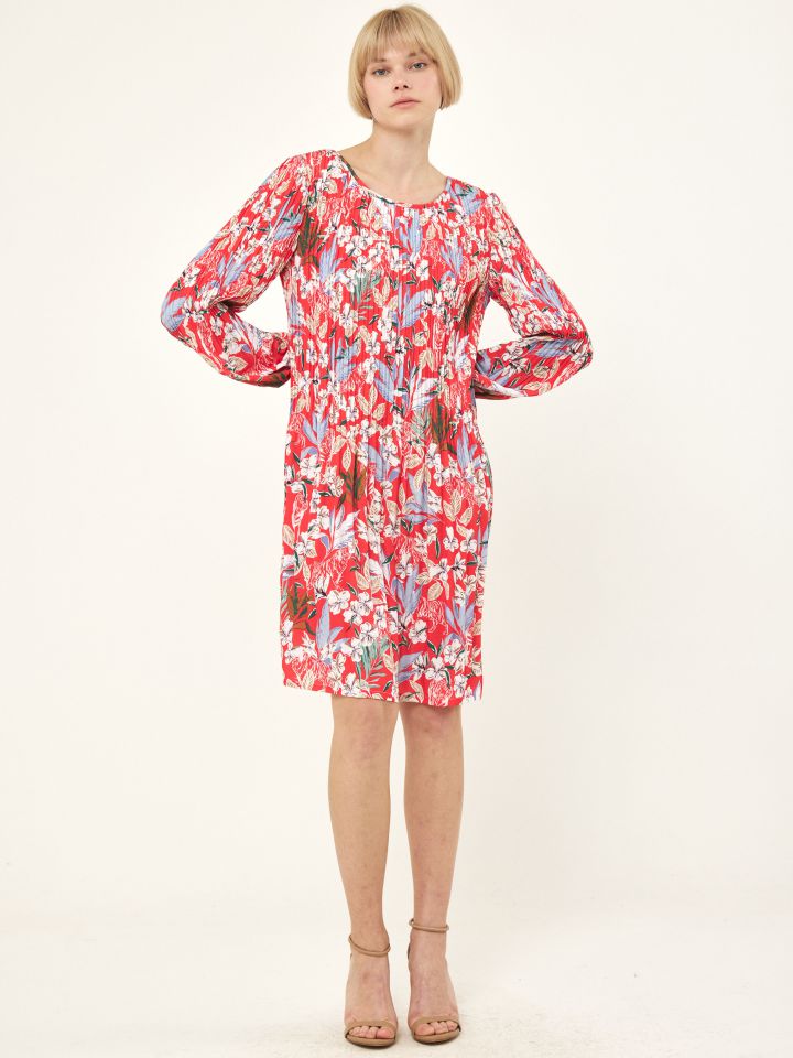 שמלה פליסה דפוס בצבע אדום