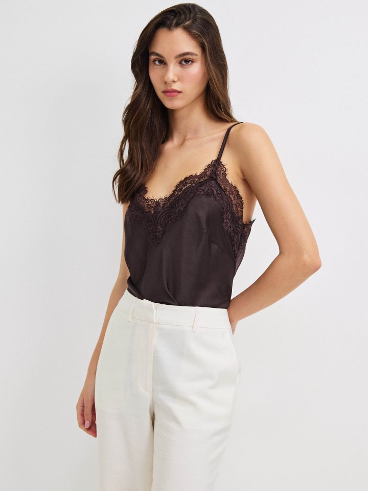 גופיה שילוב תחרה PROMO בצבע חום