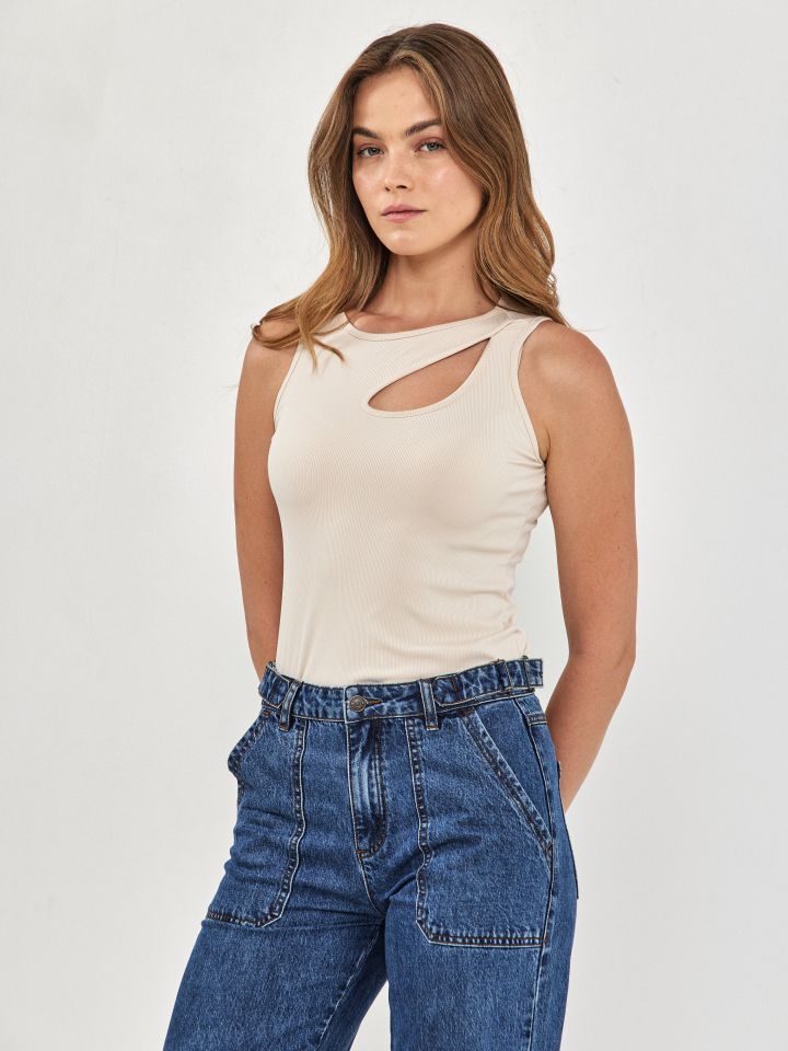 גופיה ריב פתח אסמטרי PROMO בצבע בייז’