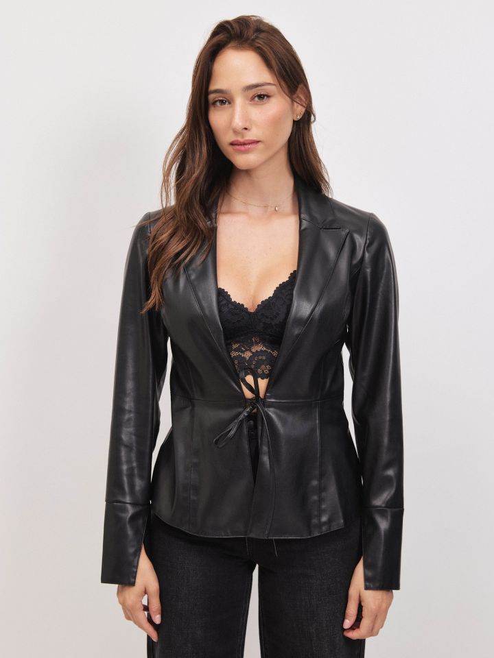 עליונית דמוי עור קשירה בצבע שחור