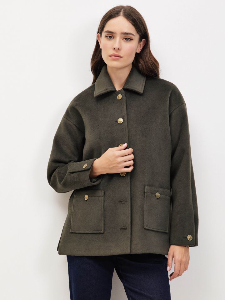 מעיל מראה צמר PARIS בצבע ירוק כהה