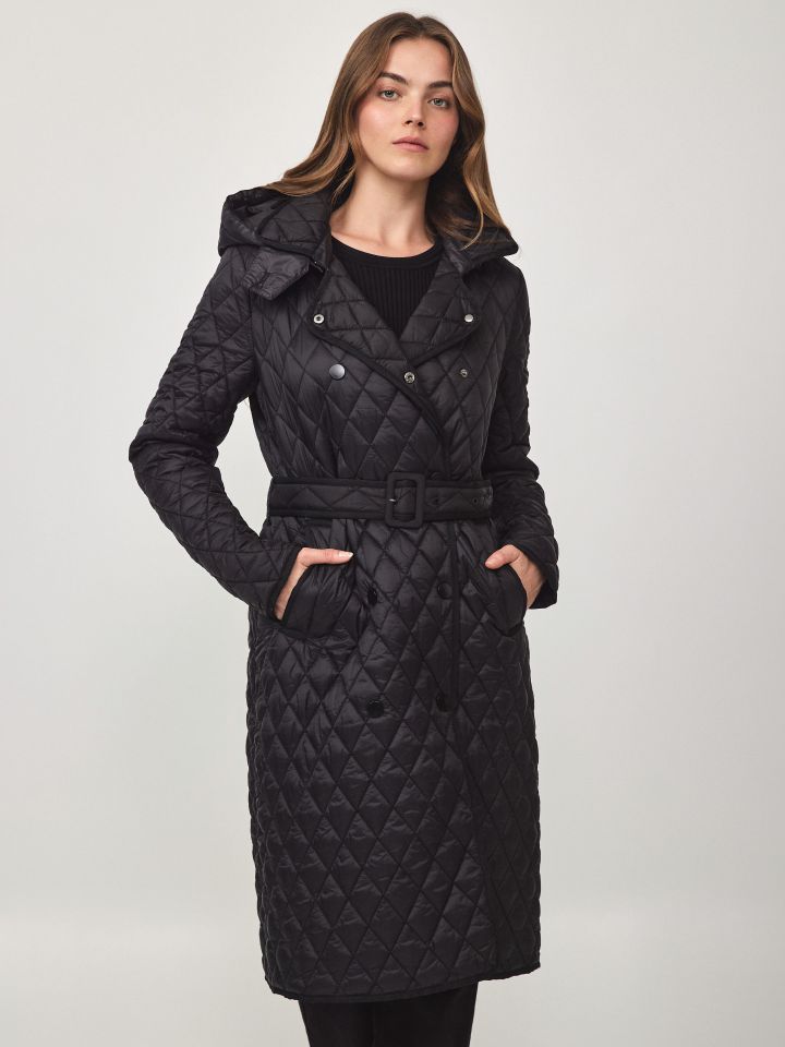 מעיל קווילט חגורה קשירה בצבע שחור