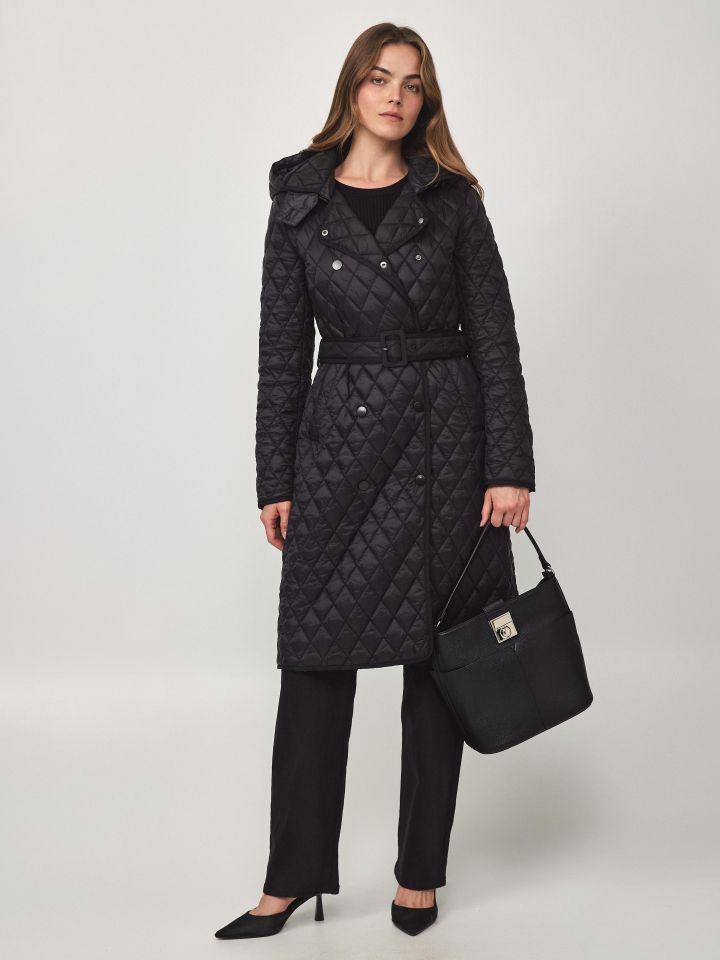 מעיל קווילט חגורה קשירה בצבע שחור