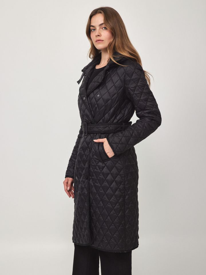 מעיל קווילט חגורה קשירה בצבע שחור