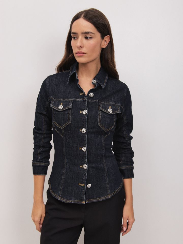 ג’קט ג’ינס כפתורי דמוי יהלומים בצבע ג’ינס כהה