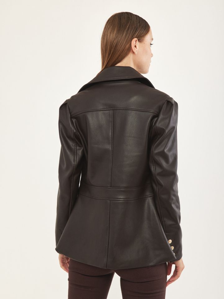 ג’קט דמוי עור כפתורי זהב בצבע חום