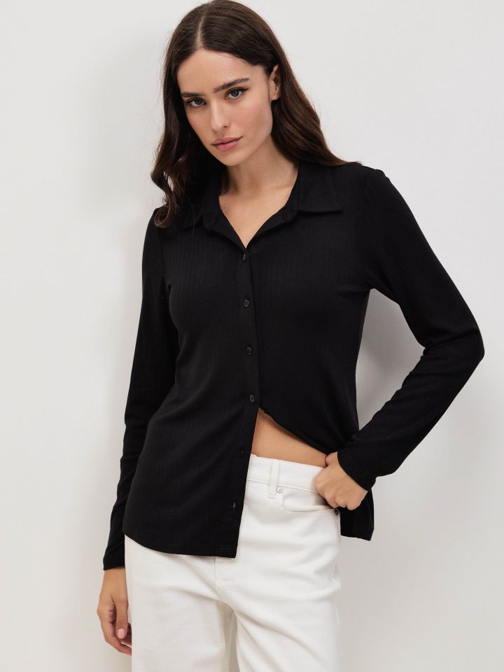 קרדיגן צוארון ריב PROMO בצבע שחור