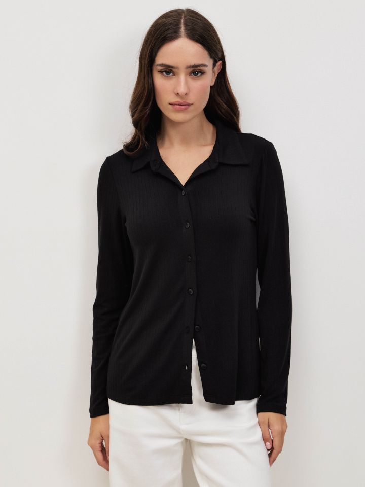 קרדיגן צוארון ריב PROMO בצבע שחור