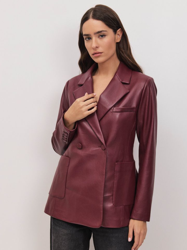 ג’קט דמוי עור זוג כפתורים בצבע בורדו