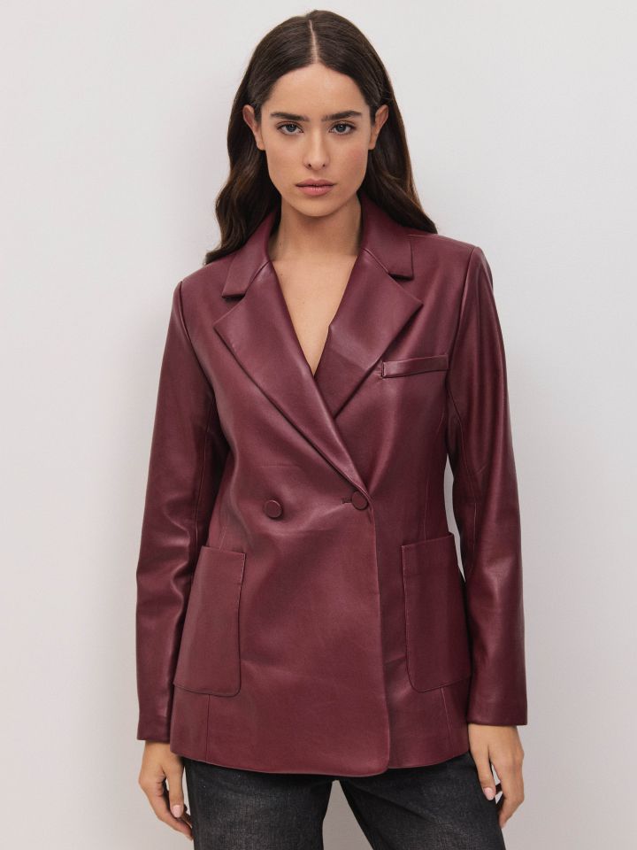ג’קט דמוי עור זוג כפתורים בצבע בורדו