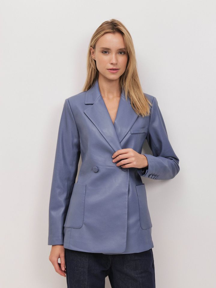 ג’קט דמוי עור זוג כפתורים בצבע אפור