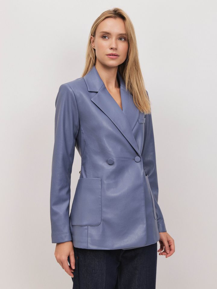 ג’קט דמוי עור זוג כפתורים בצבע אפור