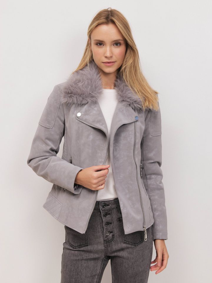 מעיל דמוי זמש ופרווה PROMO בצבע אפור כסף