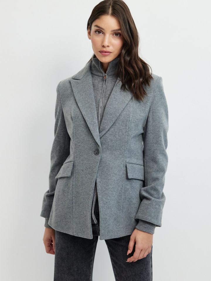 ג’קט שילוב סריגה ורוכסן בצבע אפור מלאנז בינוני