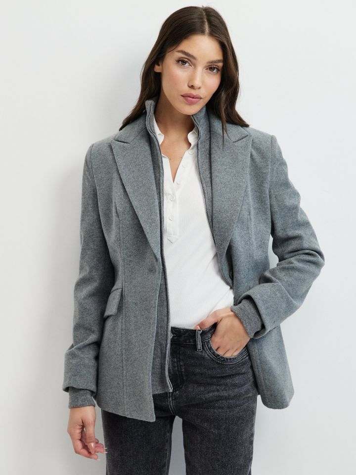 ג’קט שילוב סריגה ורוכסן בצבע אפור מלאנז בינוני