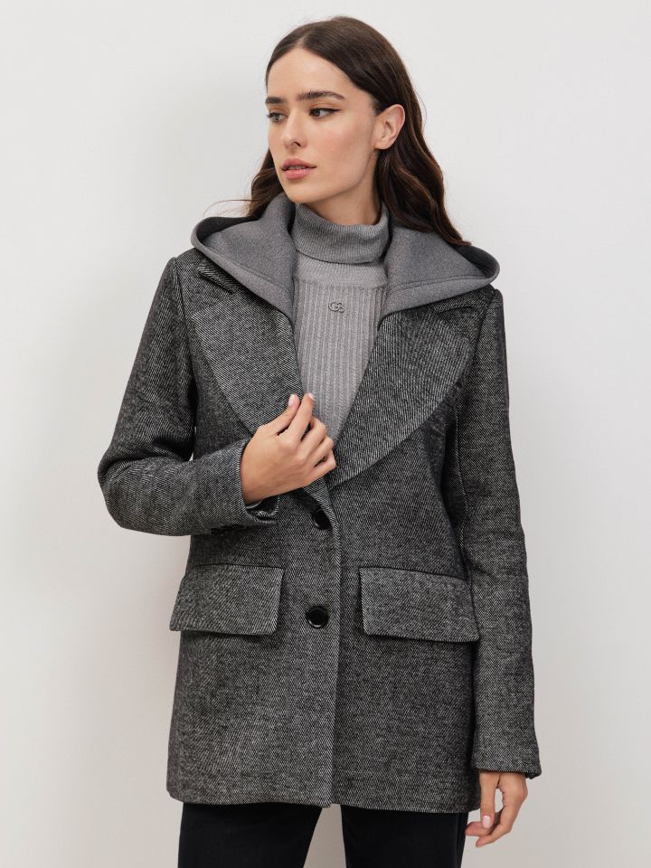 מעיל קפוצון מראה צמר בצבע אפור מלאנז בינוני