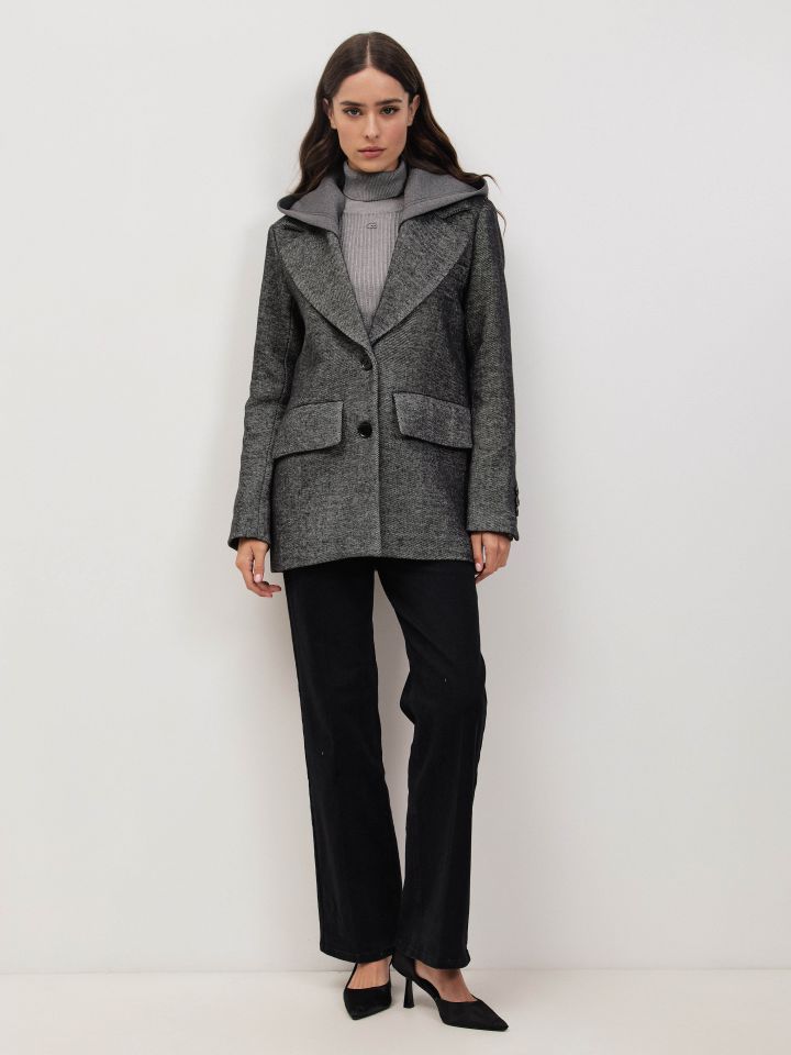 מעיל קפוצון מראה צמר בצבע אפור מלאנז בינוני