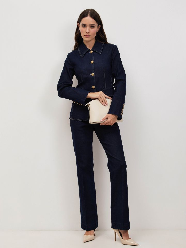 ג’קט ג’ינס כפתורי זהב בצבע ג’ינס כהה