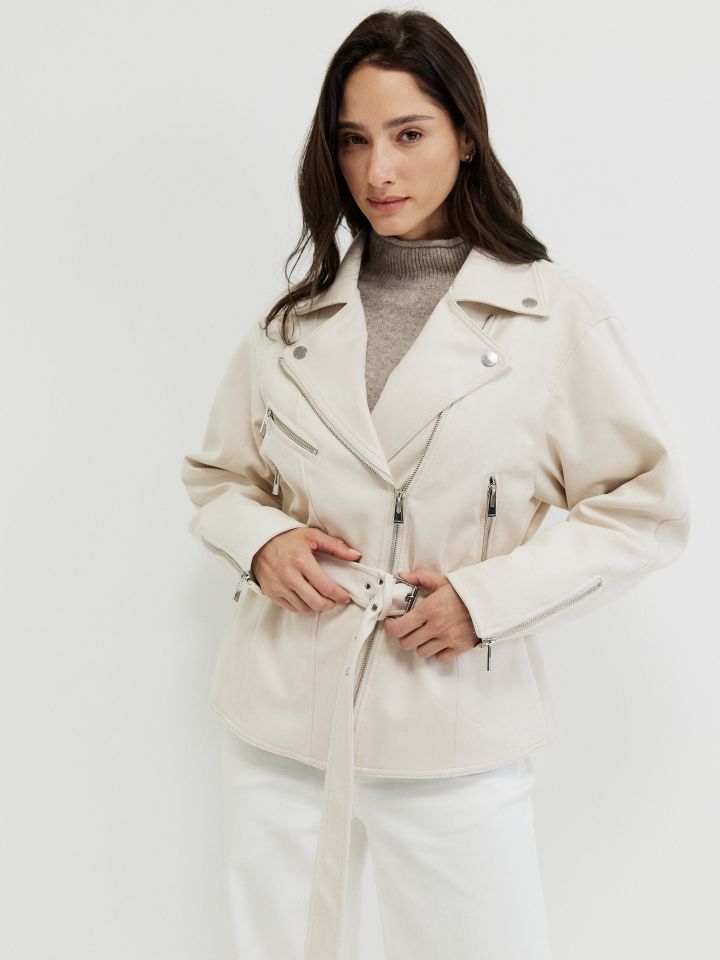 ג’קט דמוי ז’מש רוכסנים בצבע בייז’