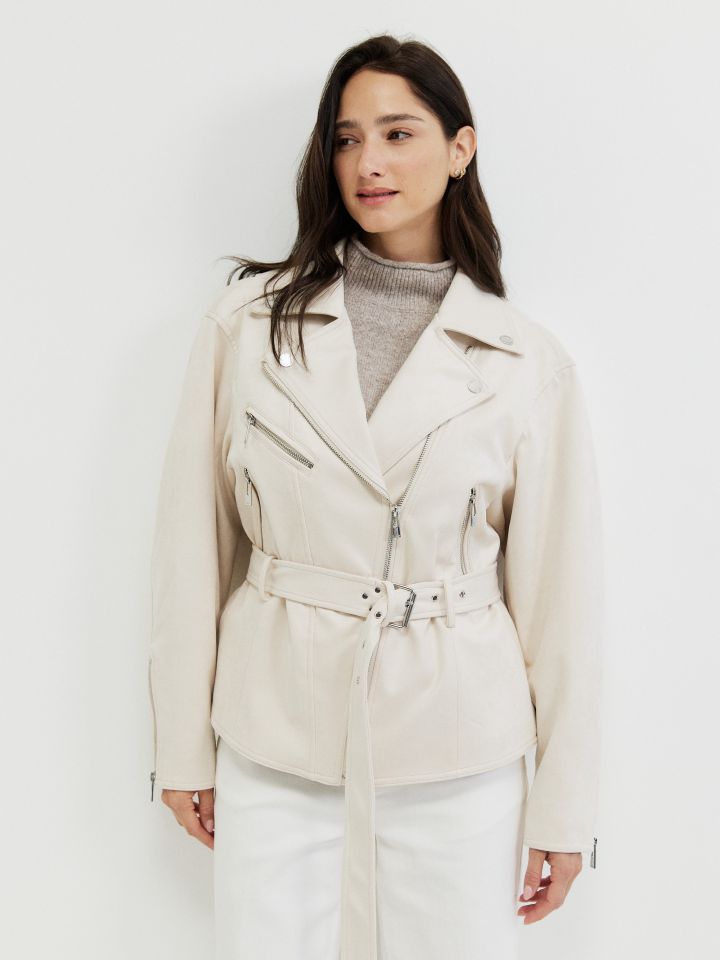 ג’קט דמוי ז’מש רוכסנים בצבע בייז’