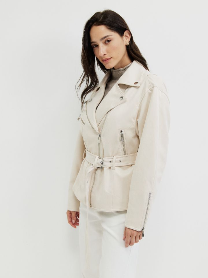 ג’קט דמוי ז’מש רוכסנים בצבע בייז’